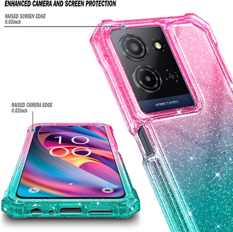 WDHD Compatible with TCL K32 5G & K33 5G Phone Case Glitter Pink/Aqua | Full-Body Protective Shockproof Rugged Bumper Cover with Screen Protector, Raised Corners Drop Protection - Image 2